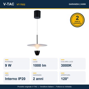 Lampadario LED 9W 3000K Bianco e Nero a Sospensione Regolabile V-TAC VT-7832 - foto 8