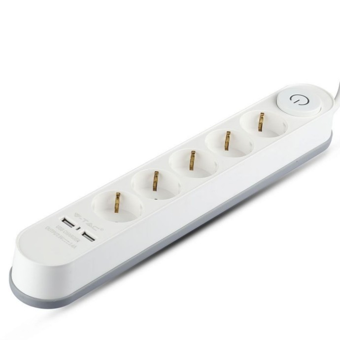 Multipresa con cavo 3m, 5 prese Schuko 16A, 2 USB-A, bianca V-TAC VT-1115-3