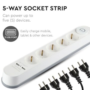 Multipresa con cavo 3m, 5 prese Schuko 16A, 2 USB-A, bianca V-TAC VT-1115-3 - foto 3