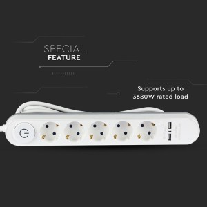 Multipresa con cavo 3m, 5 prese Schuko 16A, 2 USB-A, bianca V-TAC VT-1115-3 - foto 4