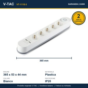 Multipresa con cavo 3m, 5 prese Schuko 16A, 2 USB-A, bianca V-TAC VT-1115-3 - foto 7