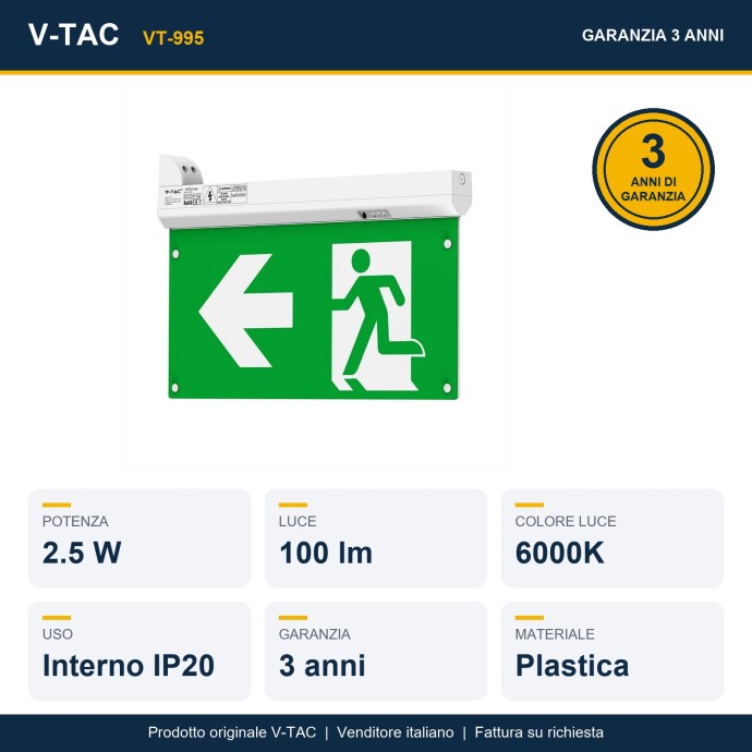 Lampada LED di emergenza 2.5W 6000K IP20 con autotest V-TAC VT-995