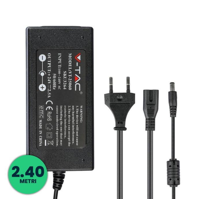 Plastic Power Supply 60W 24V 2.5A Plug and Play with 2.1 Jack Black Color 2.4m Cable IP44