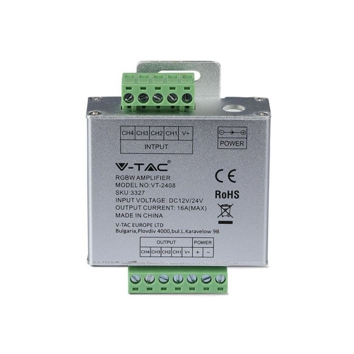 RGBW LED Strip Signal Amplifier 4-Channel 12–24V 16A Screw Terminals / DC 2.1 Jack