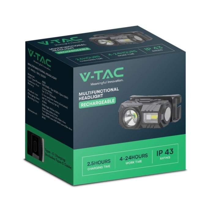 Torcia LED Frontale Ricaricabile USB-C 3W 190lm IP43 con Cintura in Silicone V-TAC VT-9902