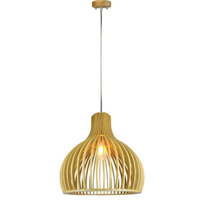Wooden Pendant Light with Chrome Decorative Cap + Canopy + Lampshade Round D350*450mm