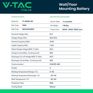 V-TAC Batteria di accumulo LV 14,33 kWh LFP 51,2 V 280 Ah IP65 - foto 5