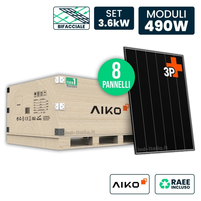 V-TAC Set 3,6 kW con 8 Pannelli AIKO 490 W Bifacciali