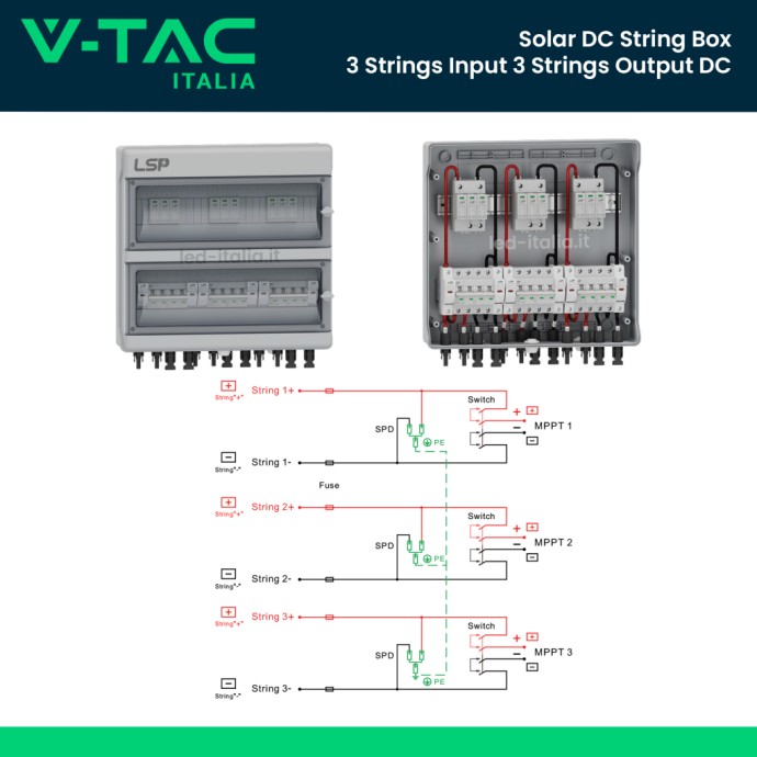 V-TAC Quadro di Campo DC 3/3 MPPT 1000V 16A, 18 moduli IP65