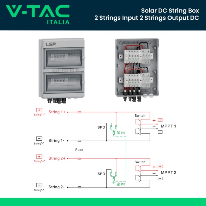 V-TAC Quadro di campo DC 2/2 MPPT 1000V 16A, 12 moduli IP65