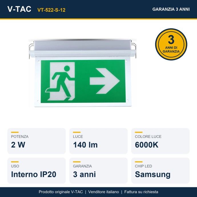 V-TAC PRO Lampada LED di emergenza 2 W Samsung da incasso