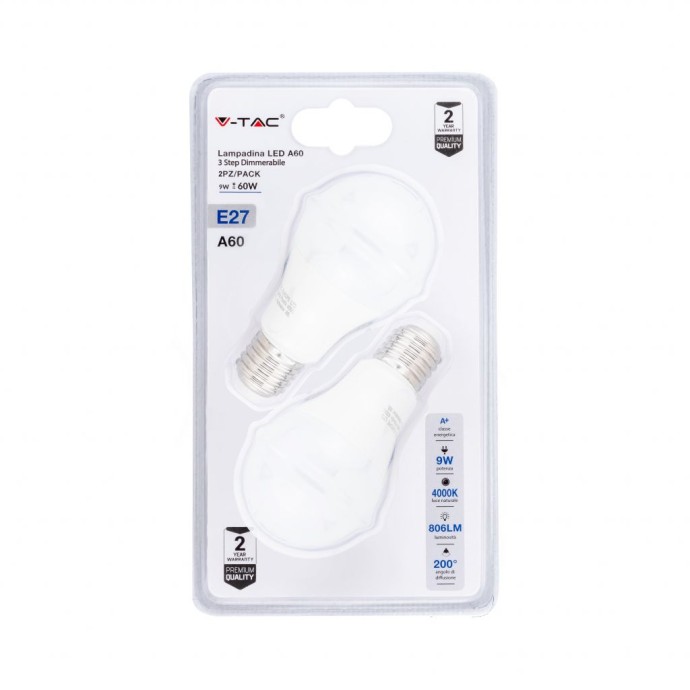 LED Bulb - 9W E27 A60 Thermoplastic 3Step Dimming 4000K (Blister 2 Pezzi)