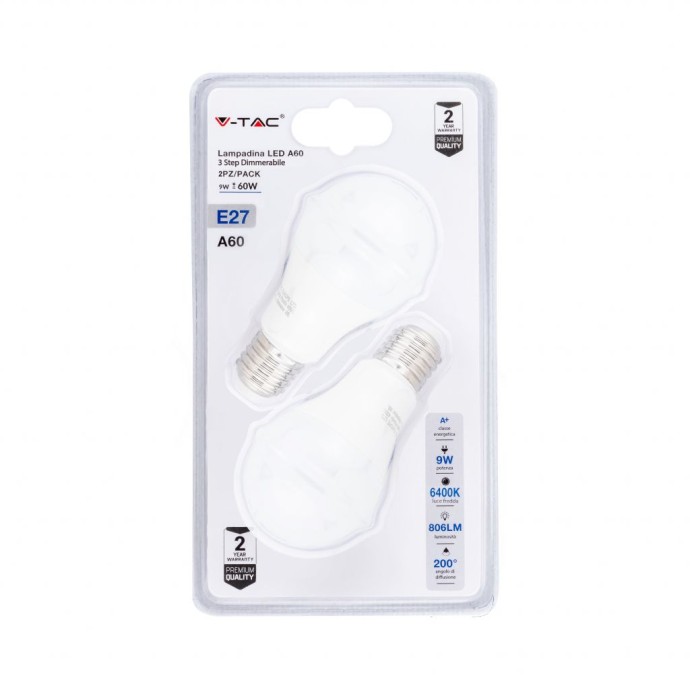 LED Bulb - 9W E27 A60 Thermoplastic 3Step Dimming 6400K (Blister 2 Pezzi)