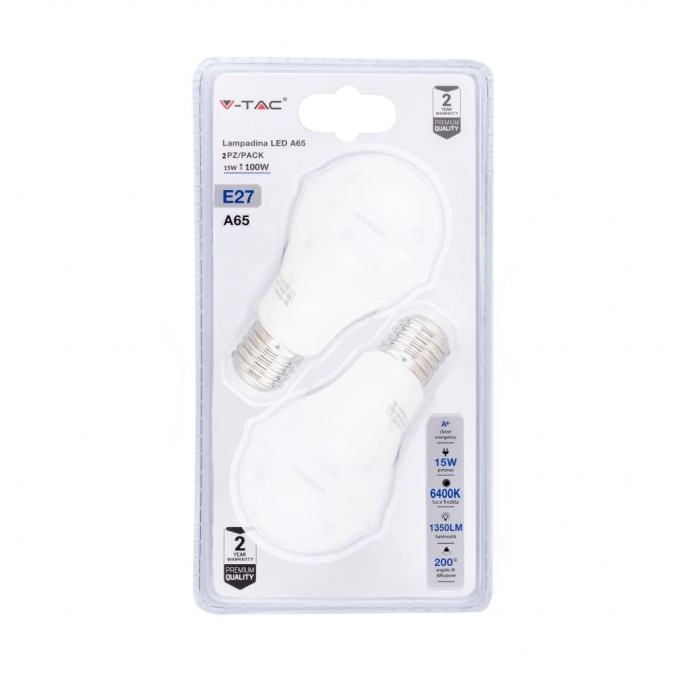 LED Bulb - 15W E27 A65 Thermoplastic 6400K (Blister 2 Pezzi) LED Bulb - 15W E27 A65 Thermoplastic 6400K (Blister 2 Pezzi)