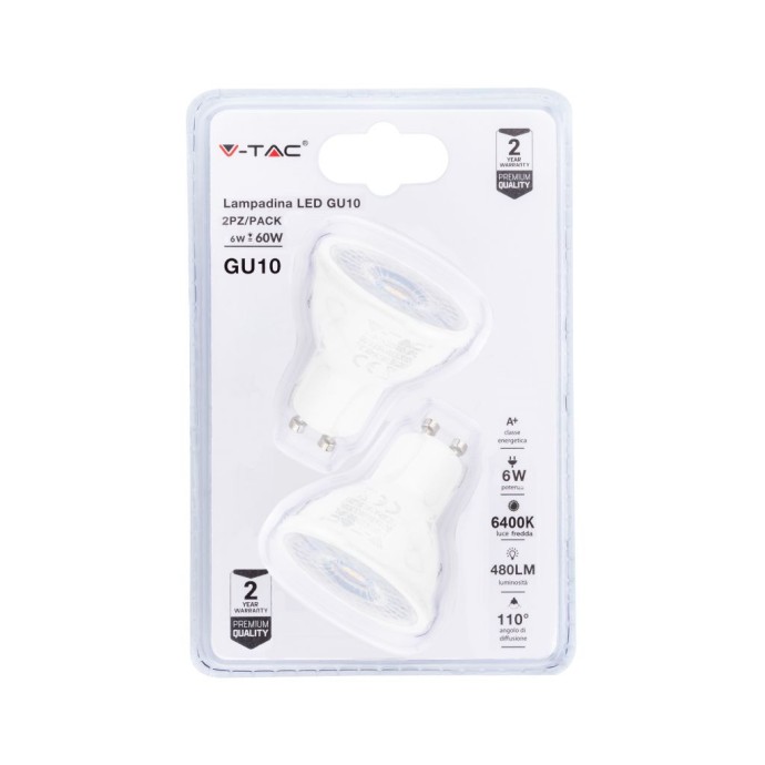LED Spotlight - 6W GU10 Milky Cover 6400K (Blister 2 pezzi) LED Spotlight - 6W GU10 Milky Cover 6400K (Blister 2 pezzi)