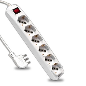 Multipresa con 6 Prese 10/16A 2P+T Bipasso/Schuko 45° e Interruttore Generale Luminoso e Cavo 1,5m Spina 16A 2P+T Colore Bianco