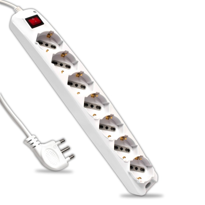 Multipresa con 7 Prese 10/16A 2P+T Bipasso/Schuko 45° e Interruttore Generale Luminoso e Cavo 1,5m Spina 16A 2P+T Colore Bianco Multipresa con 7 Prese 10/16A 2P+T Bipasso/Schuko 45° e Interruttore Generale Luminoso e Cavo 1,5m Spina 16A 2P+T Colore Bianco